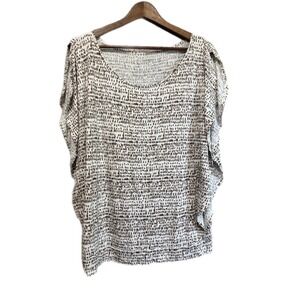 Ann Taylor LOFT Knit Top Women L White Brown Dash Print Flutter Sleeve Excellent